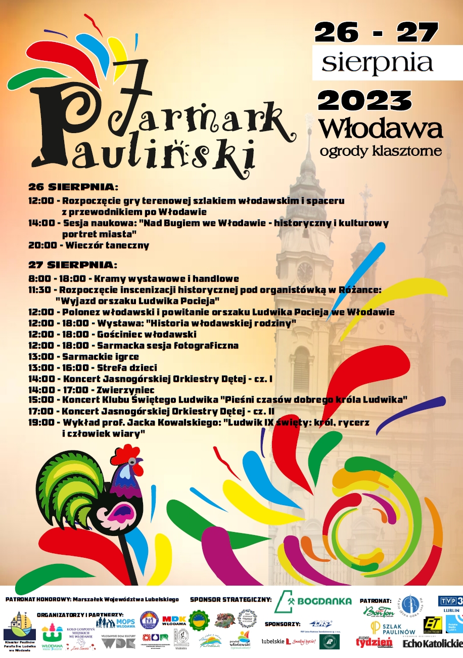 Plakat: godz. 15:00 w ogrodach klasztornych PIEŚNI CZASÓW DOBREGO KRÓLA LUDWIKA koncert Jacka Kowalskiego i Klubu Świętego Ludwika w składzie: Jacek Kowalski: przekłady, śpiew, słowo, gitara podróżna / Tomasz Dobrzański: opracowanie muzyczne, flety, dudy, szałamaje, giterna / Agnieszka Obst-Chwała: fidel / 
