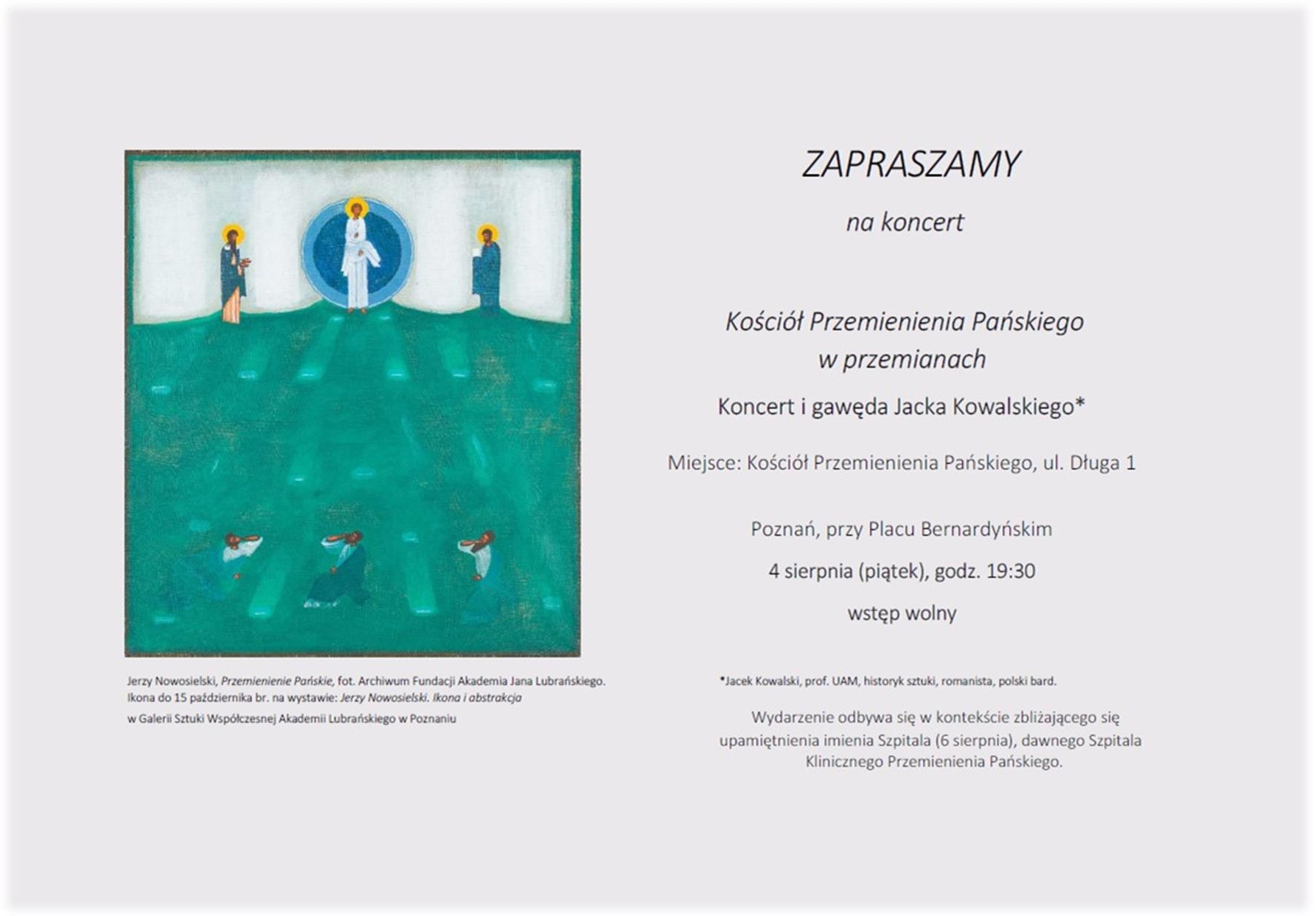 Plakat: KOŚCIÓŁ PRZEMIENIENIA PAŃSKIEGO W PRZEMIANACH koncert i gawęda Jacka Kowalskiego wstęp wolny i wskazany